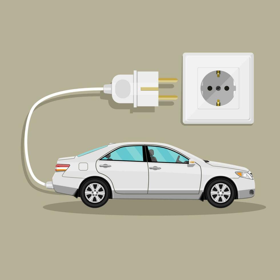 Electric Vehicle car with white plug. Charging eco car. vector illustration in flat design on brown background