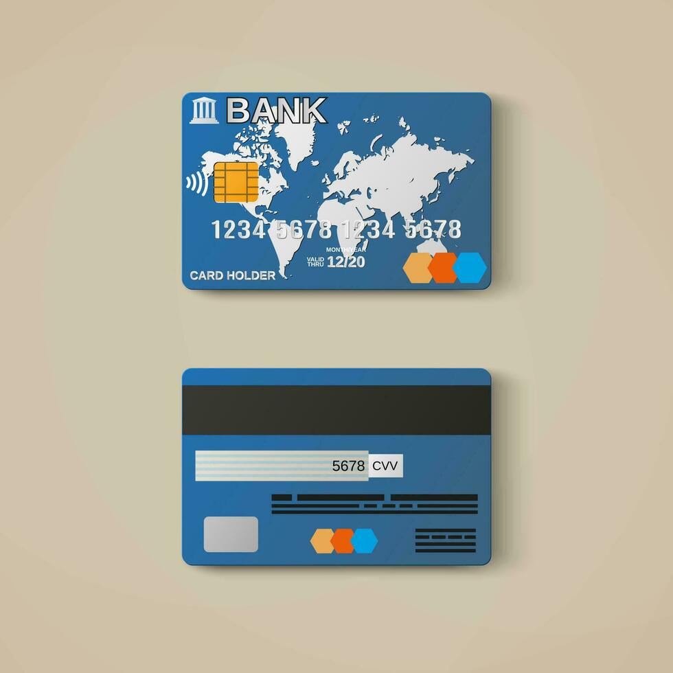 Bank card, credit card design template in two sides. silver world map on blue. vector illustration on light background