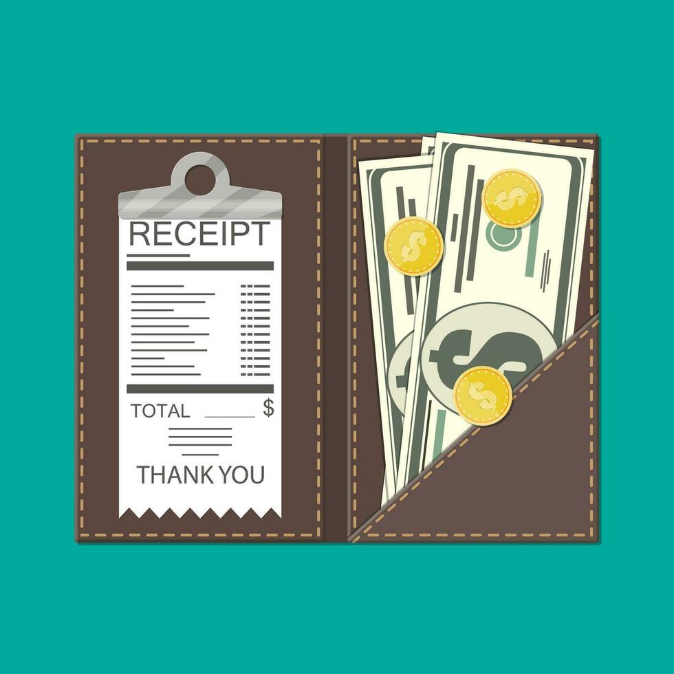 Leather folder with cash, coins and cashier check. Thanks for the service in the restaurant. Money for servicing. Good feedback about the waiter. Gratuity concept. Vector illustration in flat style