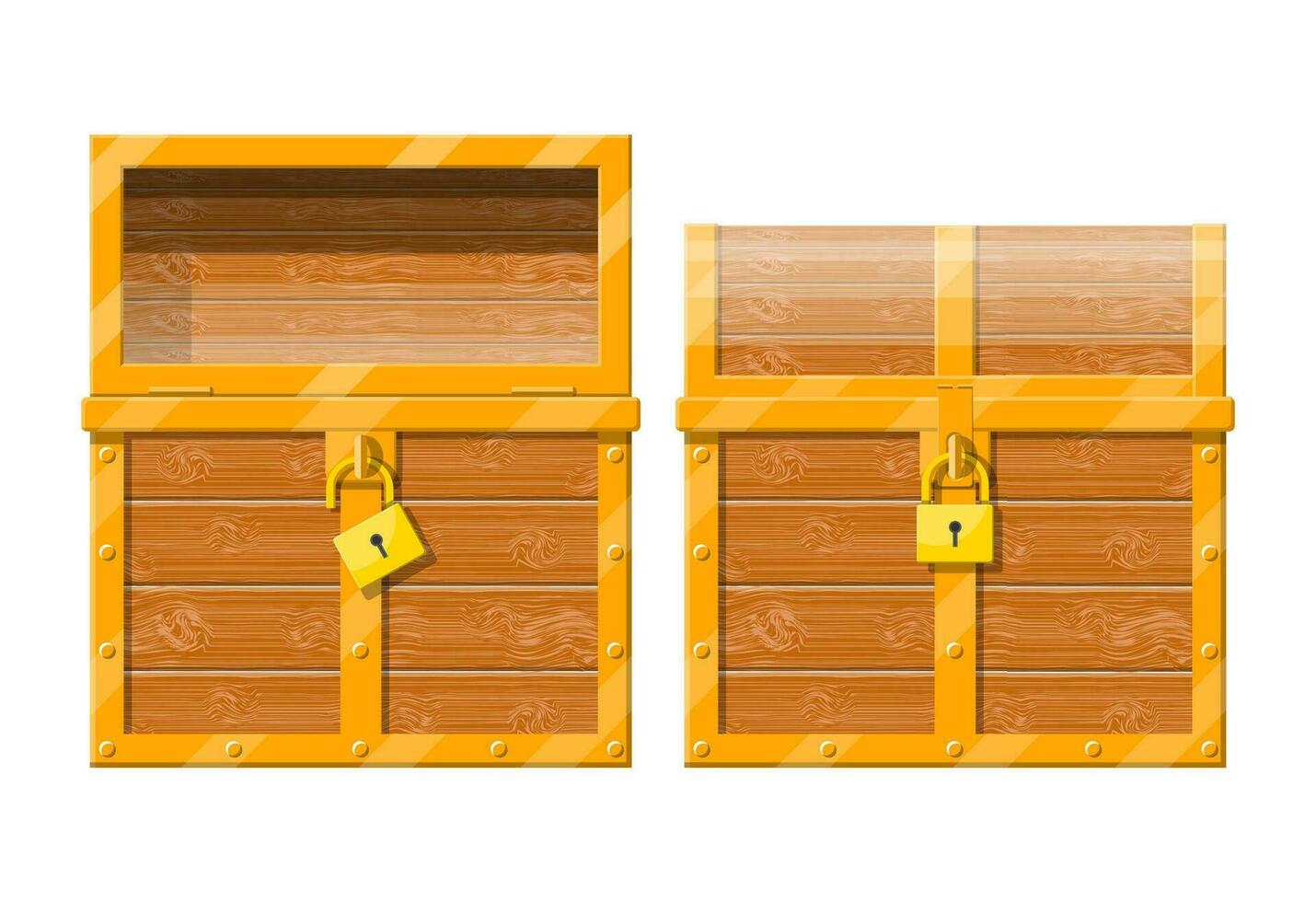 Opened and closed chest with padlock. Storage for gold and money. Wooden treasure box. Vector illustration in flat style