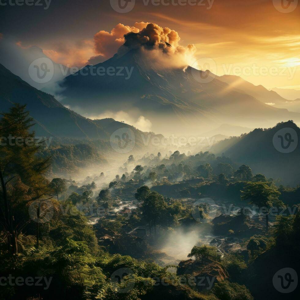 AI generated An active volcano erupts and emits hot clouds down to the slopes of the mountain, causing changes in the color of the clouds photo