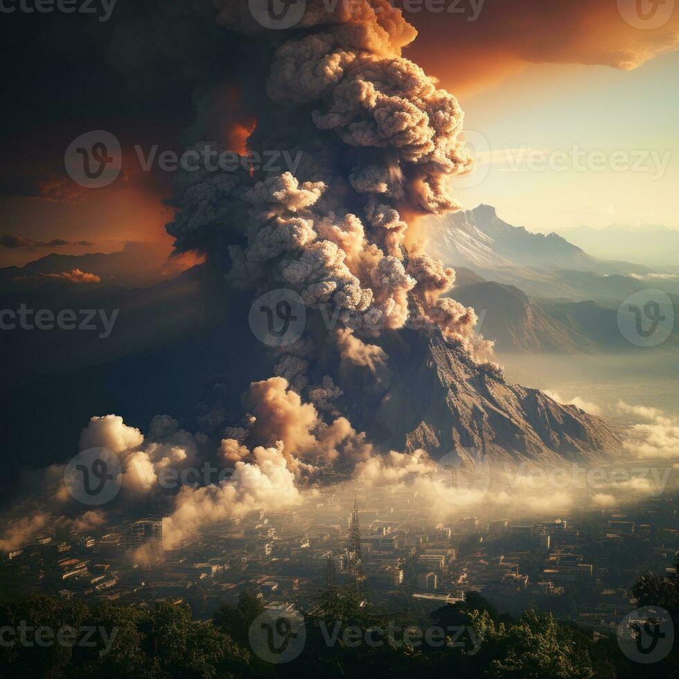 AI generated An active volcano erupts and emits hot clouds down to the slopes of the mountain, causing changes in the color of the clouds photo