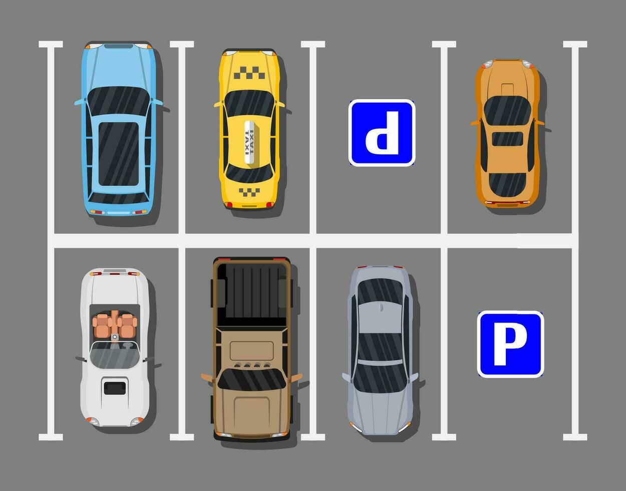 City parking lot with different cars. Shortage parking spaces. Parking zone top view with various vehicles. Sedan, roadster, suv, sport car, pickup. Vector illustration in flat style
