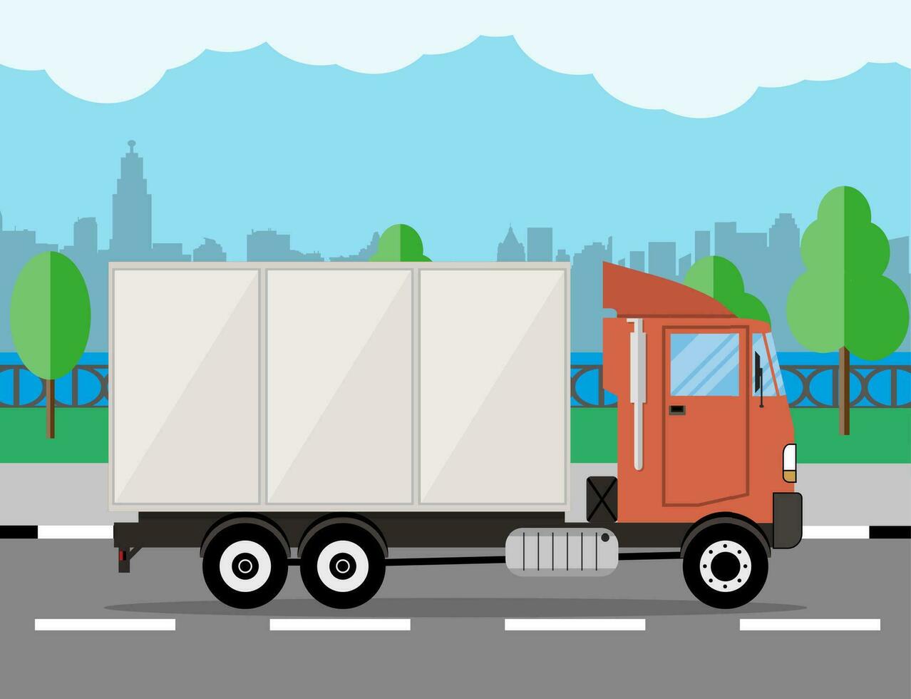 small modern cargo truck for transportation. cityscape, river, clouds. vector illustration in flat style