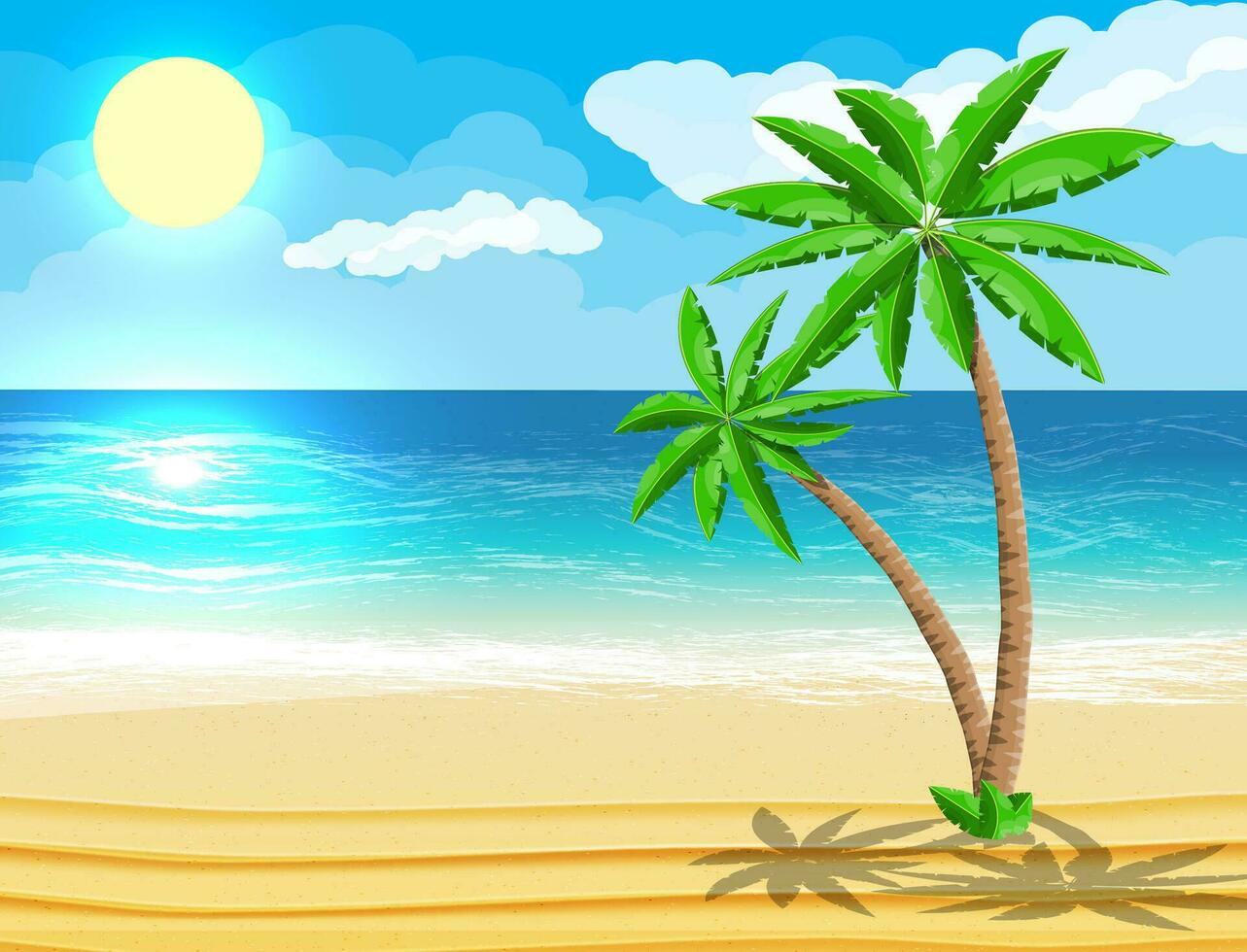 Landscape of palm tree on beach. Sun with reflection in water and clouds. Day in tropical place. Vector illustration in flat style