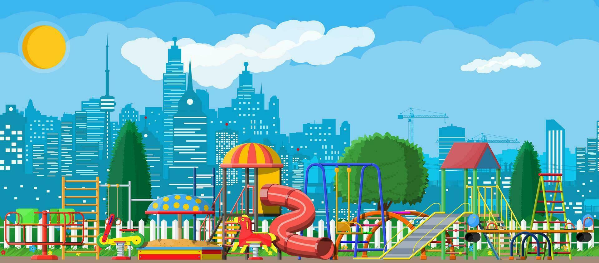 Kids playground kindergarten panorama. Urban child amusement. Slide ladder, rocking toy on spring, slide tube, swing carousel balancer, sandbox. City park. Cityscape. Vector illustration flat style
