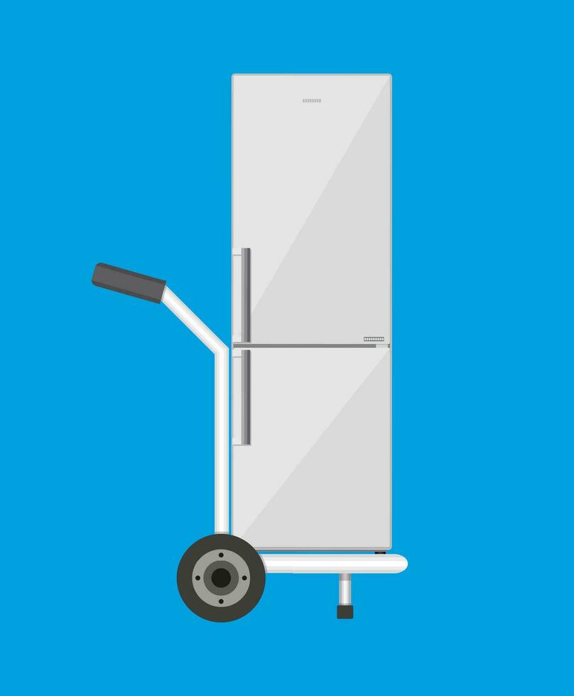 Metallic hand truck with freezer. delivery concept. vector illustration in flat design