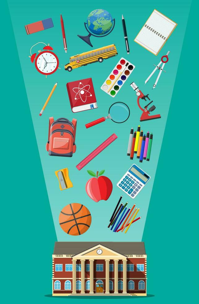 Big school set. Different school supplies, stationery. Note globe paint pencil pen calculator backpack clock book ball apple building schoolbus ruler atom. Vector illustration in flat style