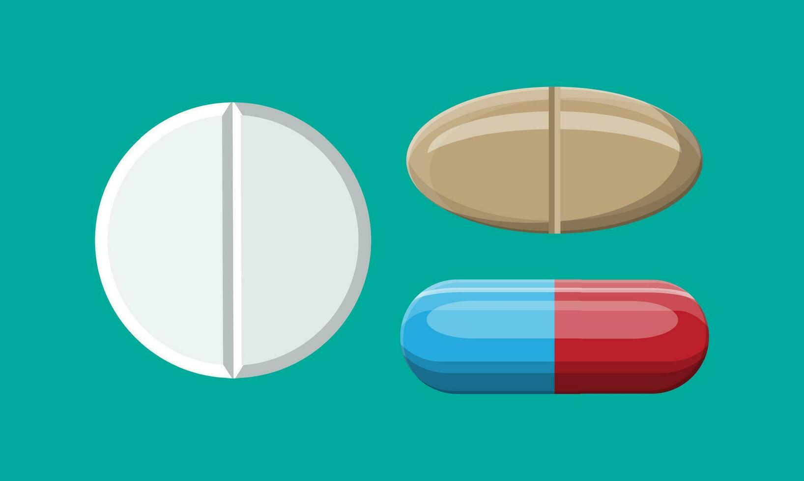 conjunto de pastillas para enfermedad y dolor tratamiento. médico droga, vitamina, antibiótico. cuidado de la salud y farmacia. vector ilustración en plano estilo