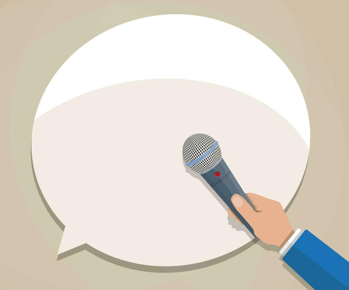 periodista mano con micrófono. vector ilustración plano estilo, marrón antecedentes y blanco habla burbuja