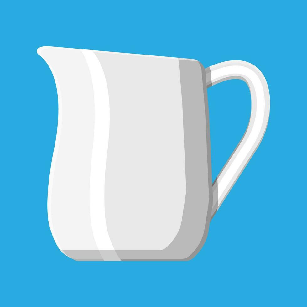 Glass jug pitcher for fresh milk. Ceramic kitchen crockery. Vector illustration in flat style