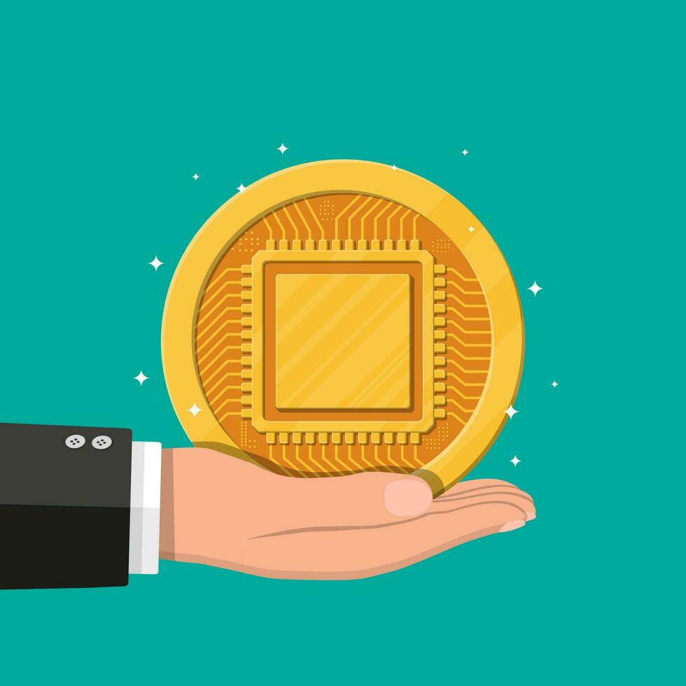 Golden coin with computer chip in hand. Money and finance. Digital currency. Virtual money, cryptocurrency and digital payment system. Vector illustration in flat style