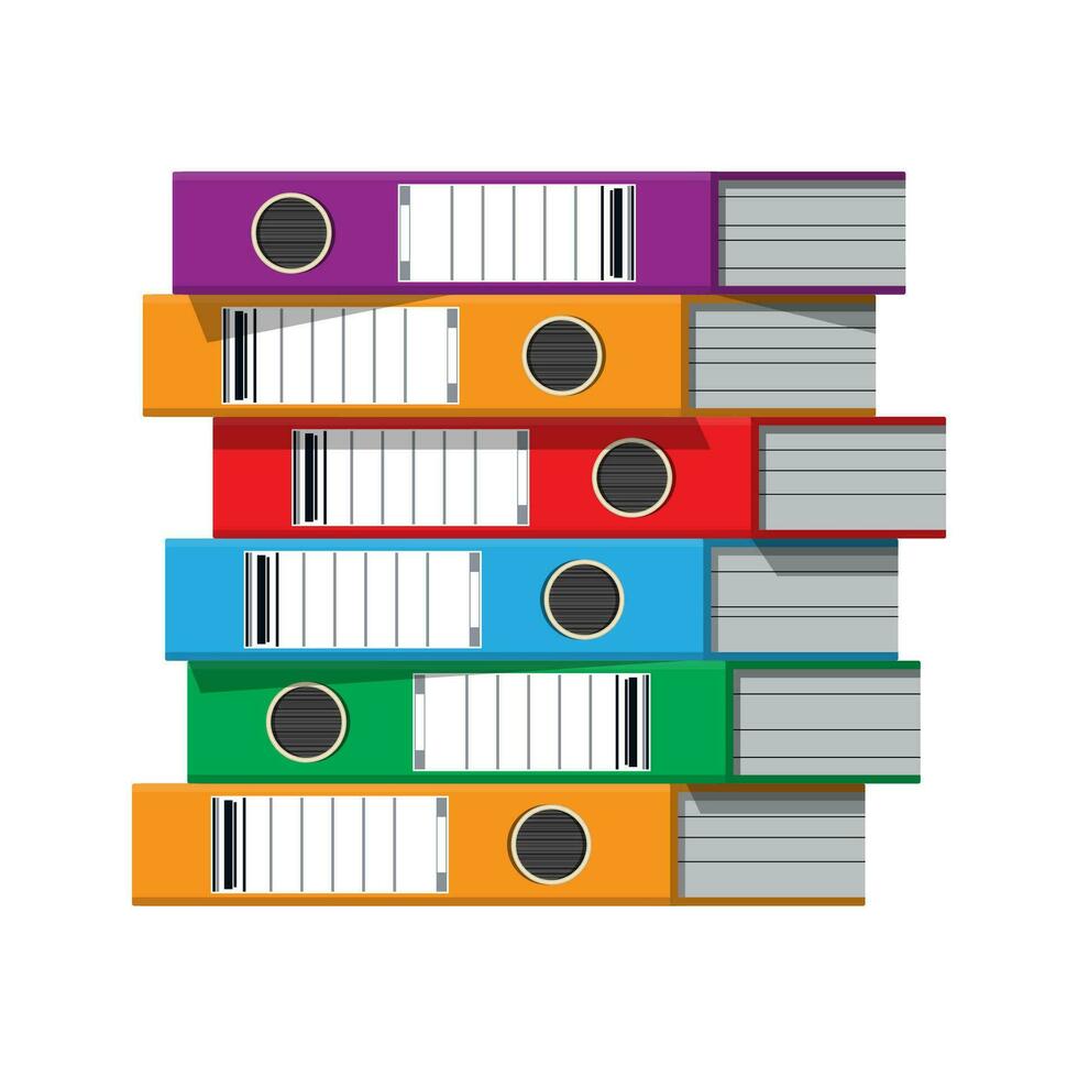 Files, ring binders, colorful office folders. Side view. Bureaucracy, paperwork and office. Vector illustration in flat style