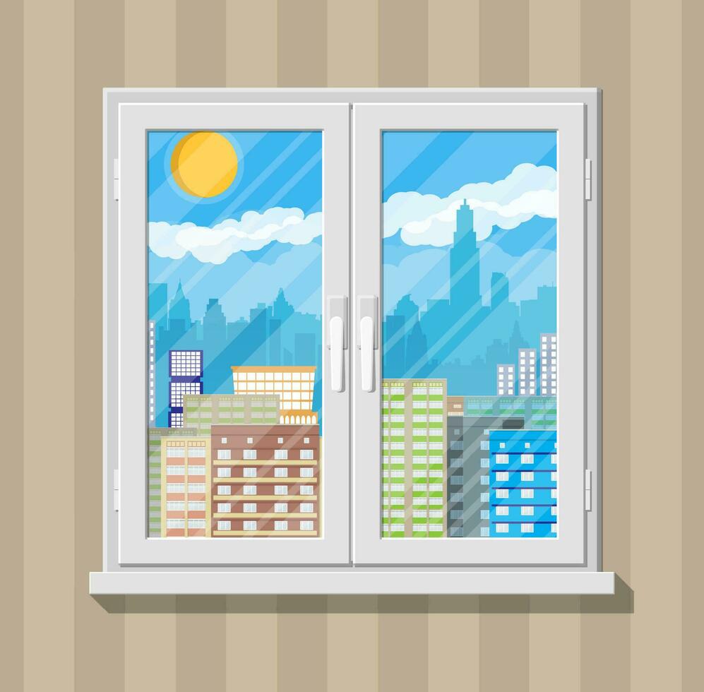 City skyline silhouette at day behind window. Skyscappers, towers, office and residental buildings. Sky, clouds and sun. Vector illustration in flat style