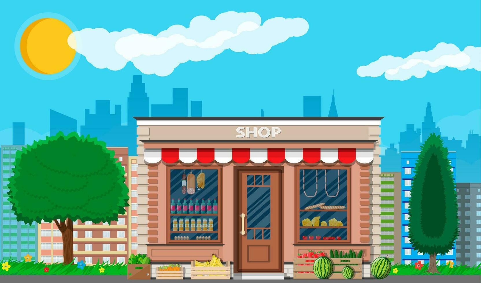 Daily products shop. Local fruit and vegetables store building. Groceries crates in front of storefront. Cityscape, trees, grass, clouds, sun. Vector illustration in flat style