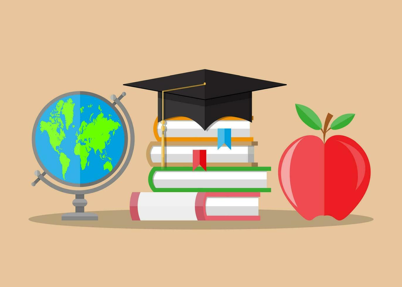 Education concept. Graduate hat, globe, pile of books and apple. Vector illustration in flat style