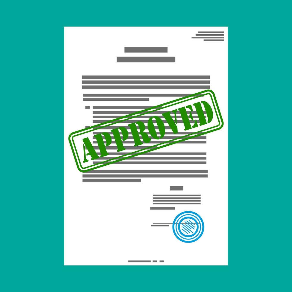 Approved paper document, green approved stamp. Vector illustration in flat style