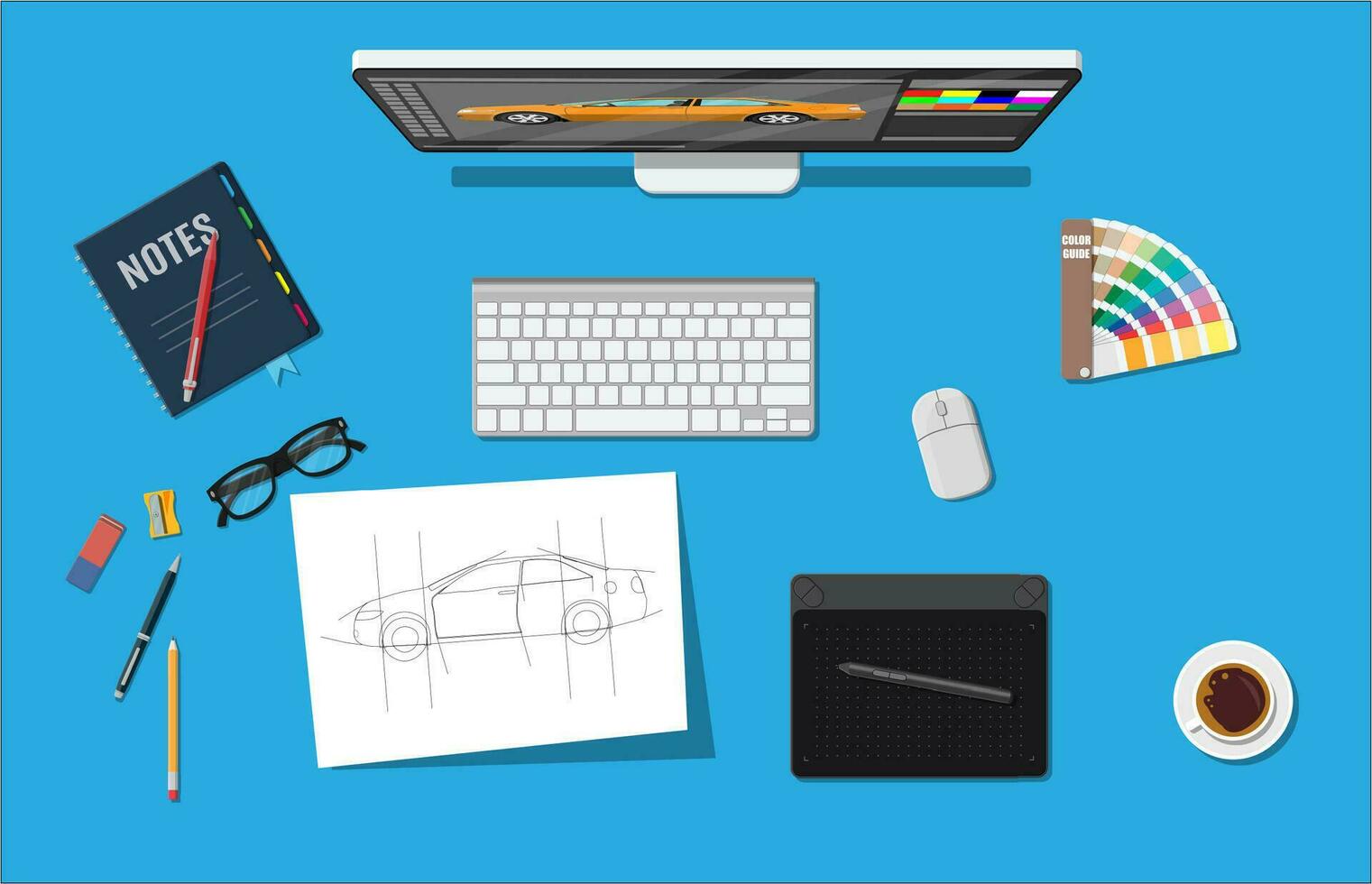 Designer workplace. Illustrator desktop with tools. Desktop pc, keyboard, mouse, glasses, notes, pen, coffee. Sketch on paper blank and graphic tablet. Vector illustration in flat style