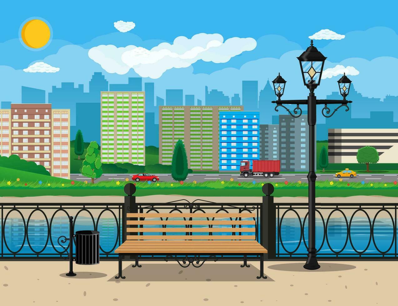 City view. Cityscape. Bench, lamp. Residental buildings. Road, truck, cars. Public transportation system. Waterfront, river embankment Clouds sky and sun Vector illustration in flat style