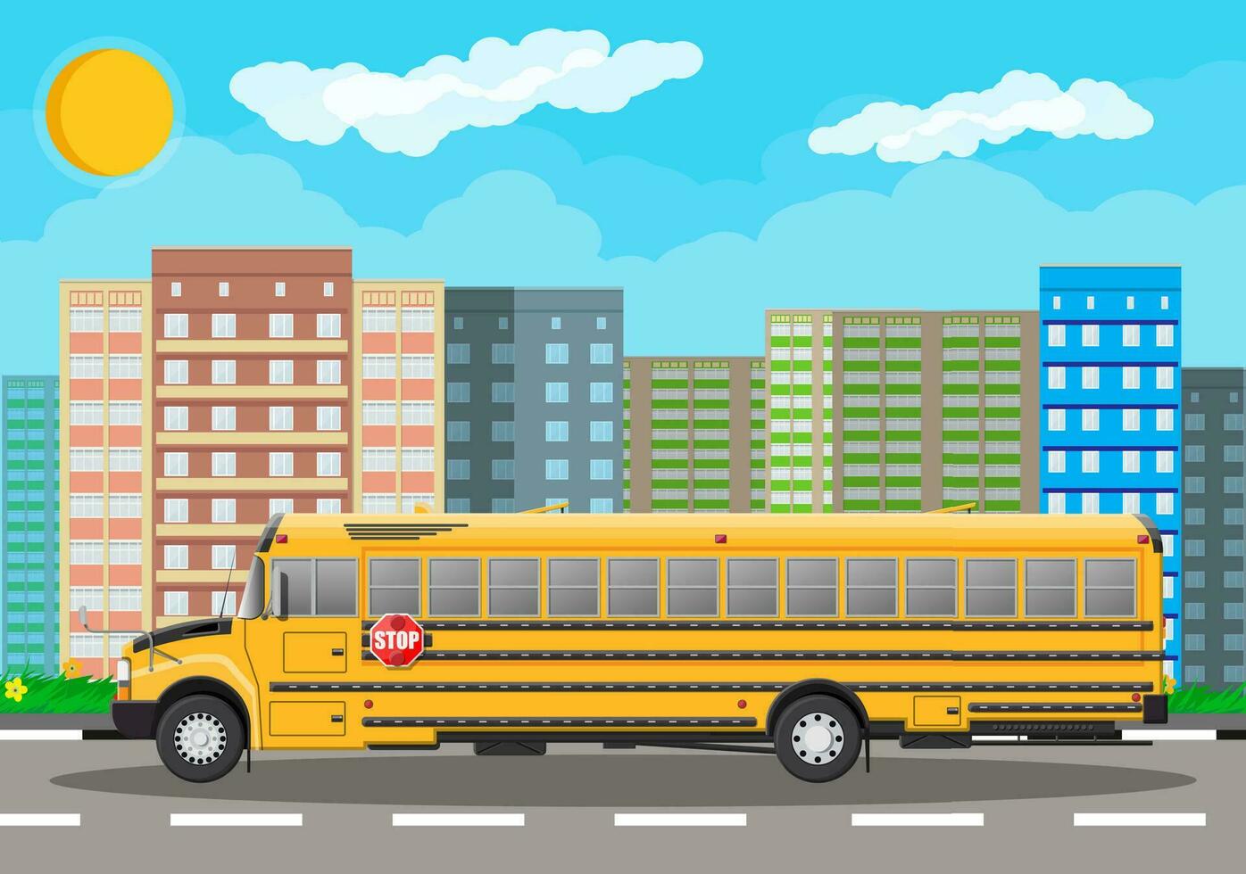 Yellow long classic school bus in city. Kids riding schoolbus transportation. Cityscape, road, buildings, tree, sky and sun. Vector illustration in flat style