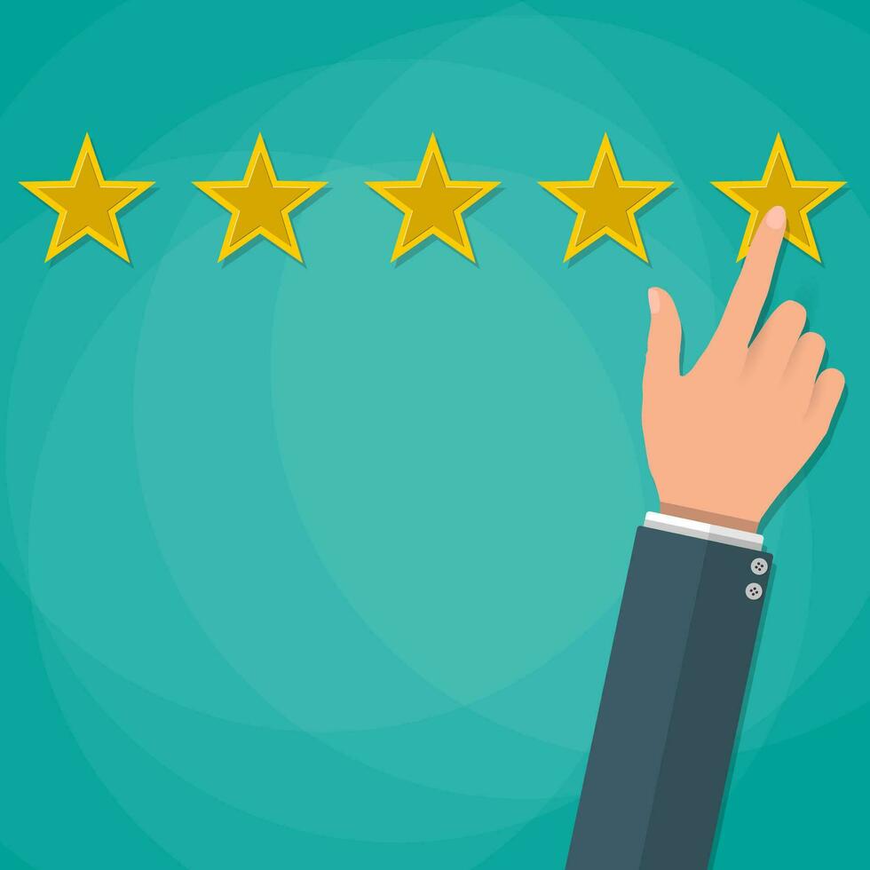 cartoon hand gives a star rating. voting, user review, feedback concept. vector illustration in flat design on green background