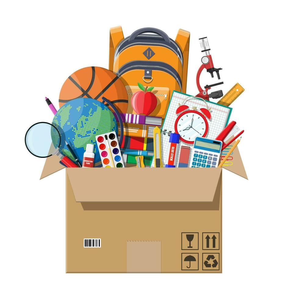 School items in cardboard box. Different school supplies, stationery. Note globe paint pencil pen calculator backpack clock scissors ball apple ruler. Vector illustration in flat style