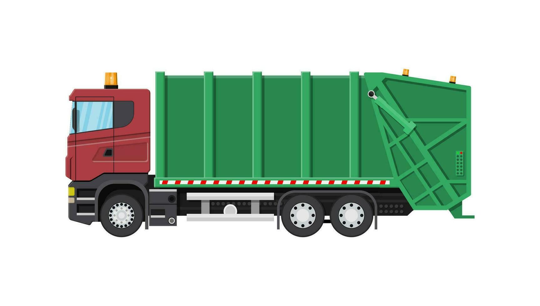 Truck for assembling and transportation garbage. Car waste disposal. Garbage recycling and utilization equipment. Waste management. Vector illustration in flat style