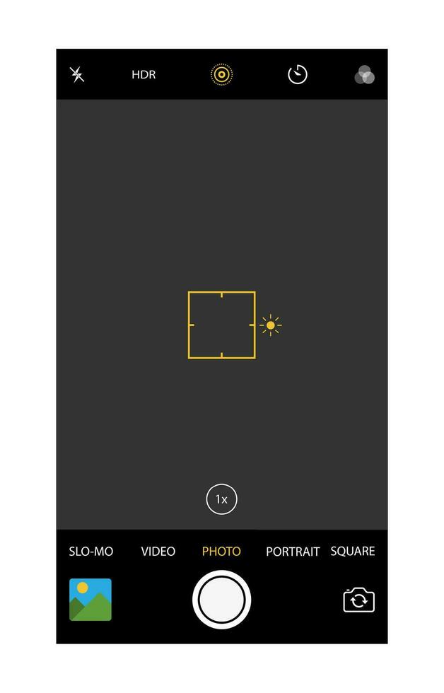 Modern smartphone camera application. User interface of camera viewfinder. Focusing screen in recording time. Gallery, hdr, quality, image stabilization icon, ui. Vector illustration flat style