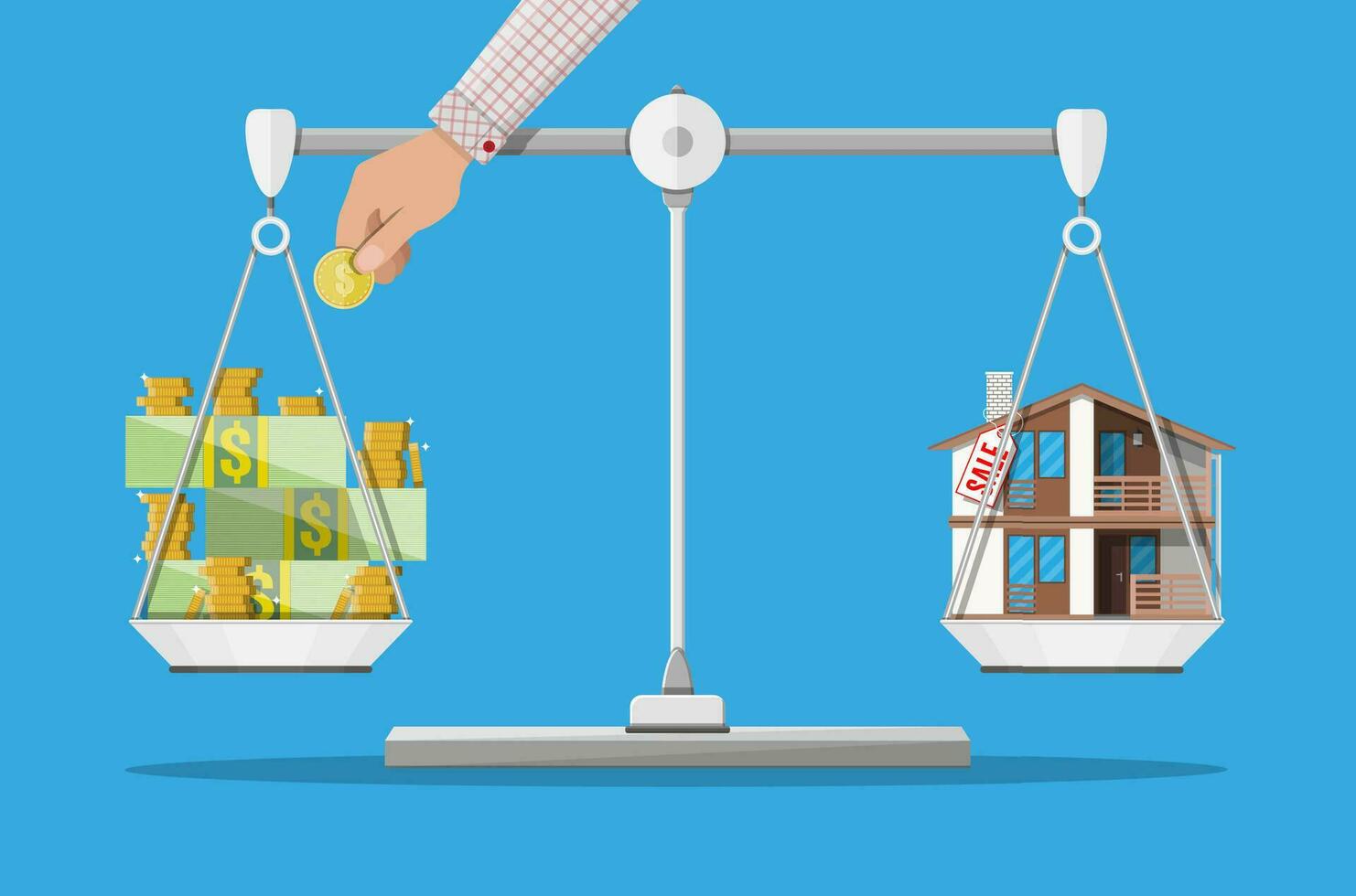 Scales with house and money. Buying a home. Real estate. Vector illustration in flat style