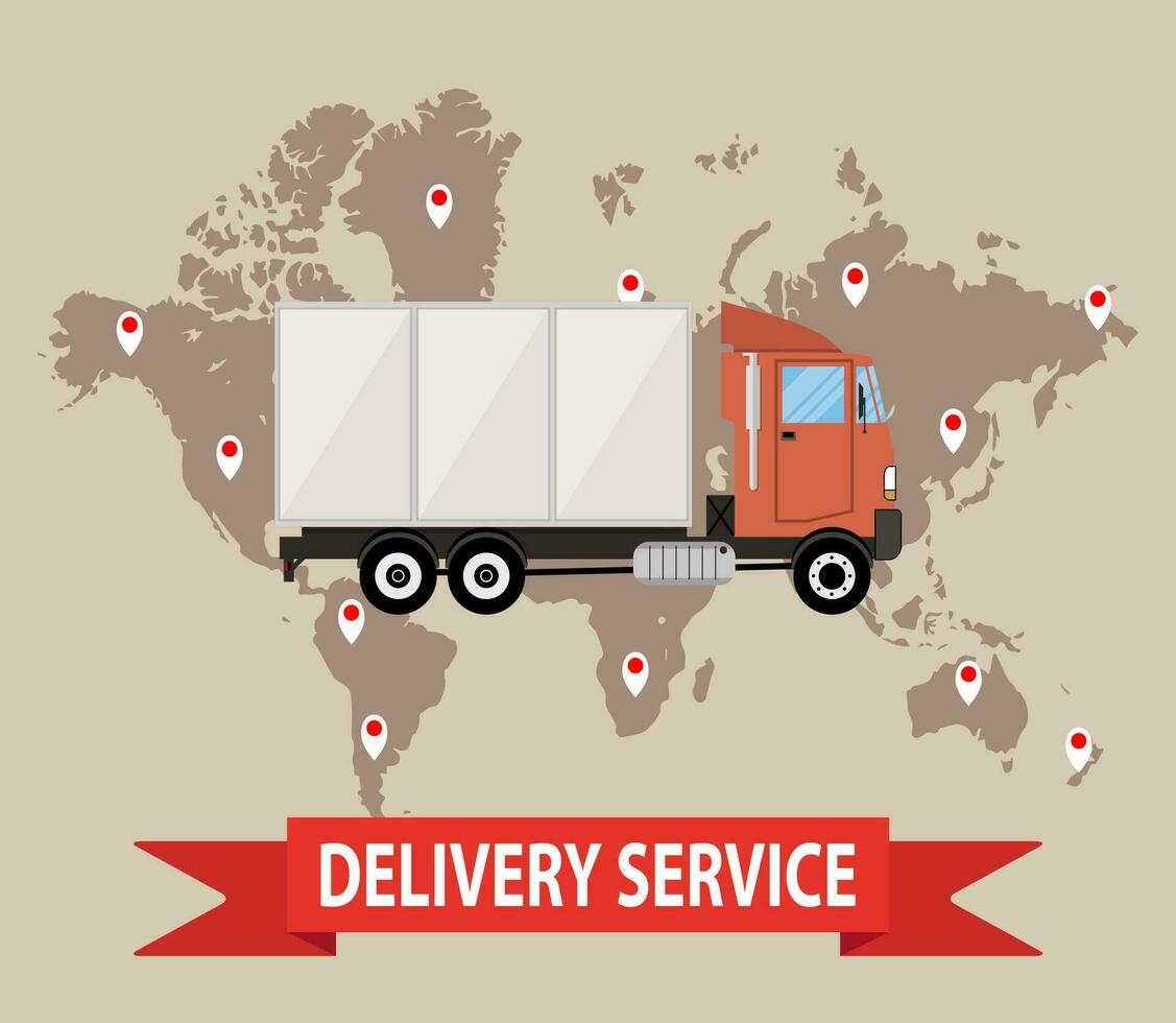 Transportations and logistics. truck on brown background with world map. vector illustration in flat style