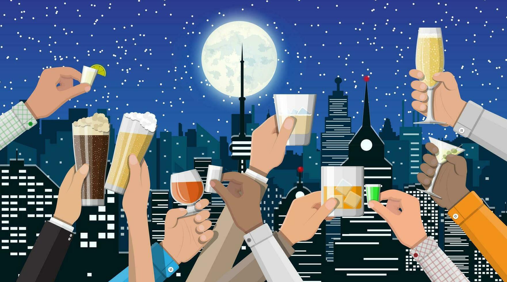 Hands group holding glasses with wine, vodka, tequila, liquor, champagne, whiskey, beer, cognac drinks. Celebration ceremony, holydays. Night life Cityscape moon Vector Illustration in flat style