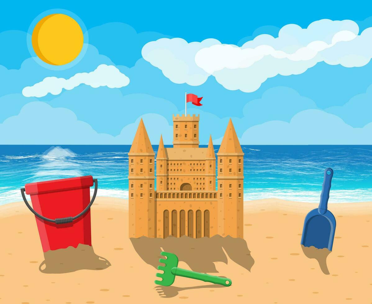 Sandcastle sculpture. Plastic bucket with rake, shovel. Fortress with towers. Kids children leisure fun game playground. Beach, sea, sun, sky with clouds. Vector illustration flat style