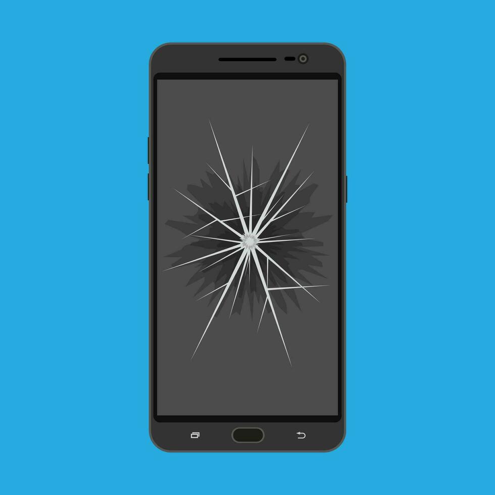 Black modern touch screen smartphone with broken screen. vector illustration in flat style on blue background