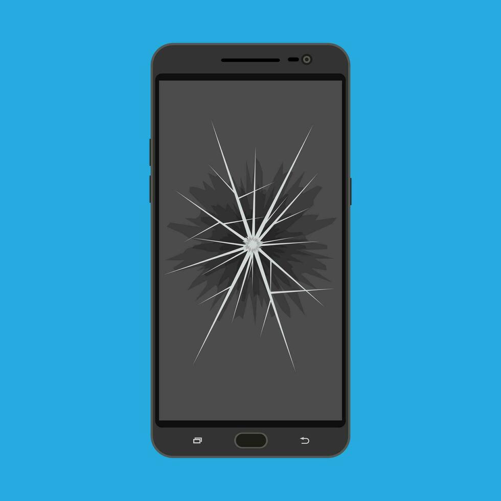 Black modern touch screen smartphone with broken screen. vector illustration in flat style on blue background