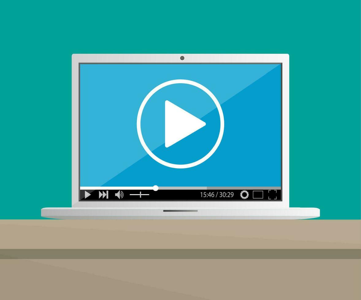 laptop on desktop with running web video player. presentation, advertise, blogging, sharing, streaming, monetization, television, content. vector illustration in flat style on green background