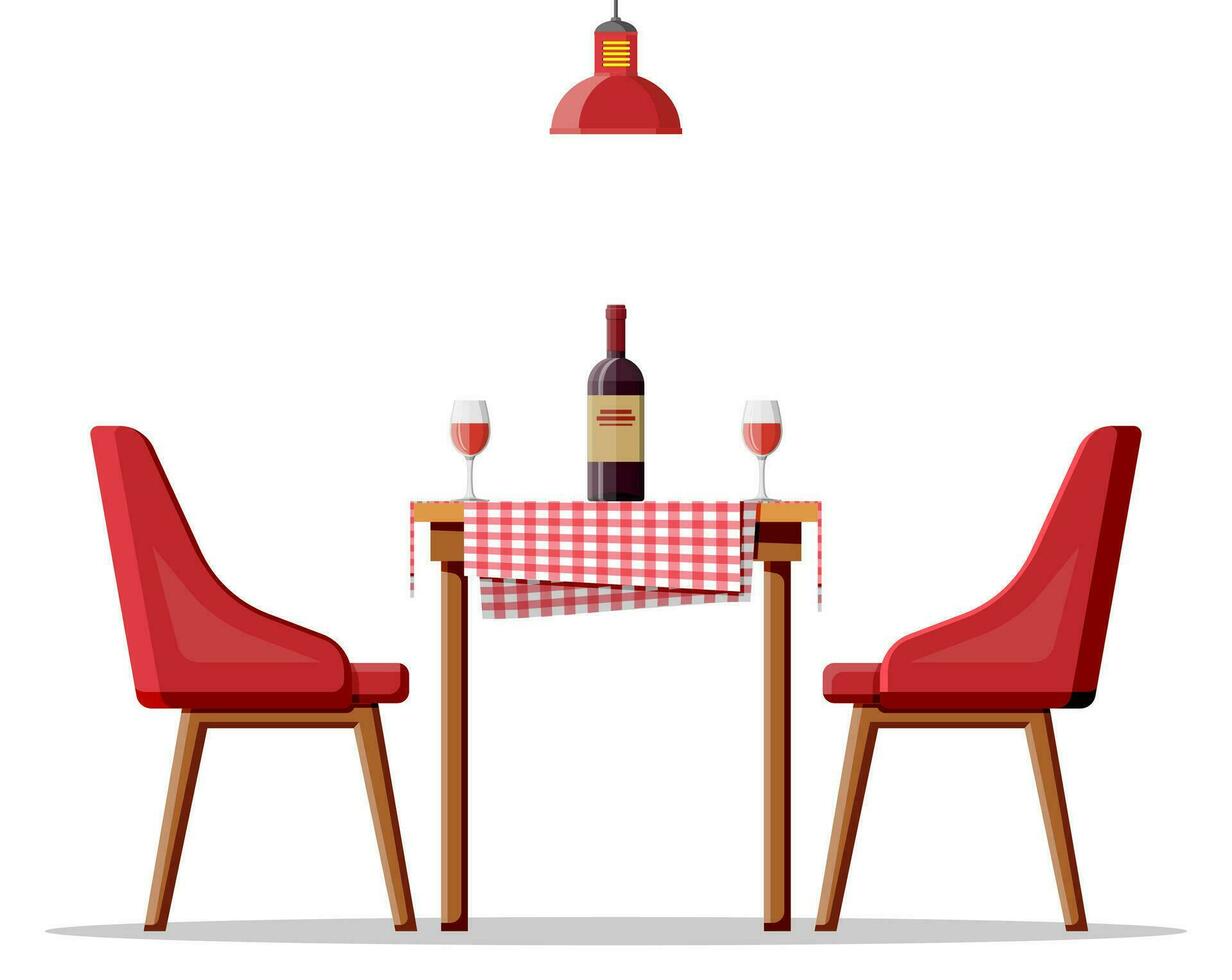 Table with chairs, lamp. Bottle of wine, glasses vector