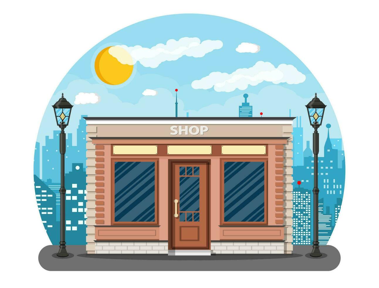Generic shop exterior on the city street. Wooden and bricks material. Commercial, property. Cityscape, buildings, sun, clouds. Vector illustration in flat style