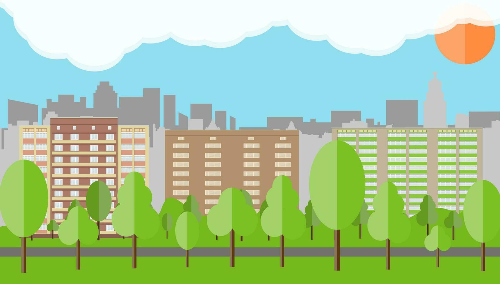 Modern City View. Cityscape with office and residental buildings, trees, road, blue background with clouds and sun. vector illustration in flat style