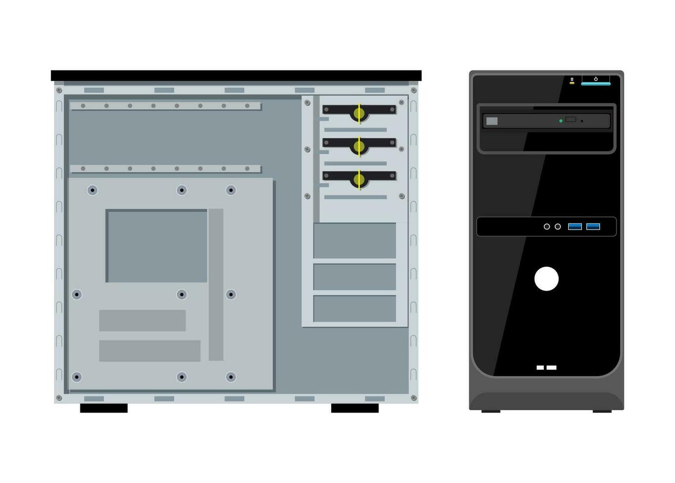 Computer case front and side view isolated on white. PC hardware. Components for personal computer. Vector illustration in flat style