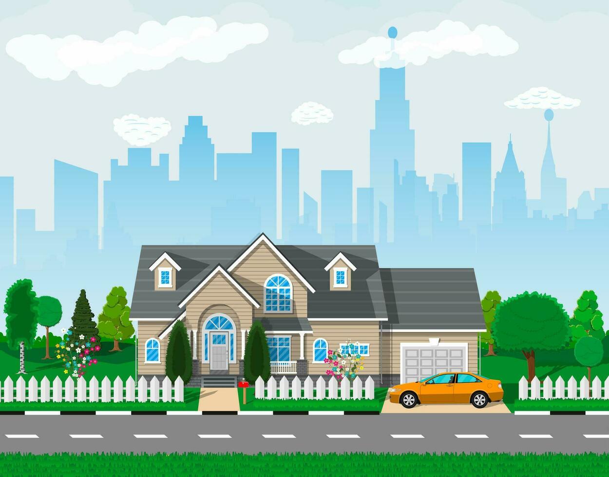 privado suburbano casa con auto, árboles, camino, cielo y nubes paisaje urbano vector ilustración en plano estilo