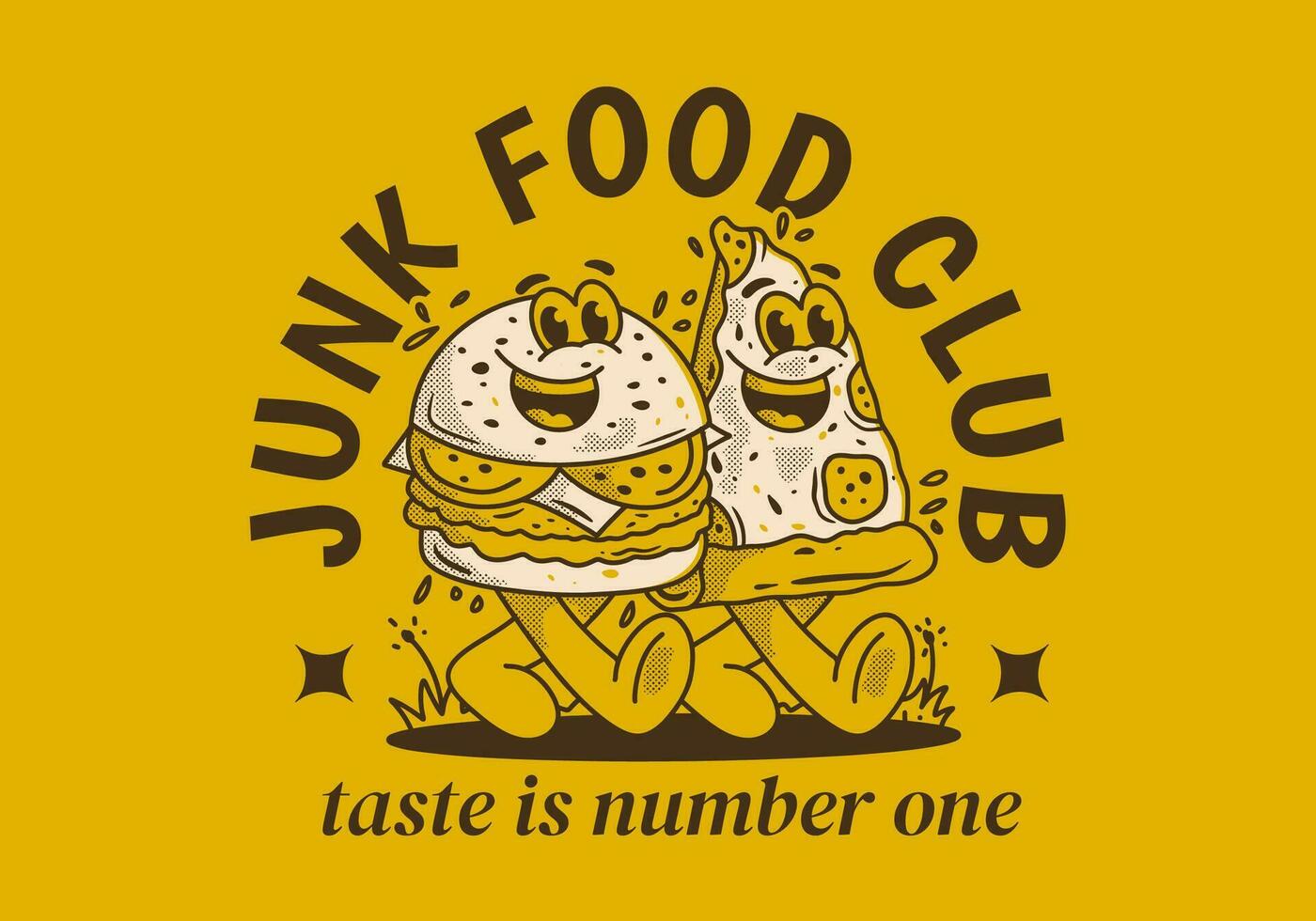 Junk Food club, taste is number one. Character illustration of walking burger and pizza vector