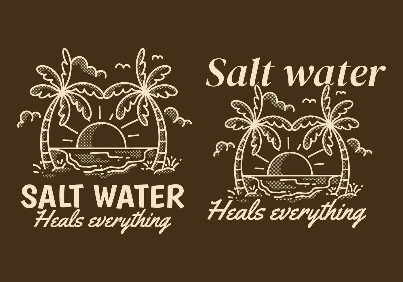 Salt water heals everything. Retro line art illustration of a beach with big sun vector