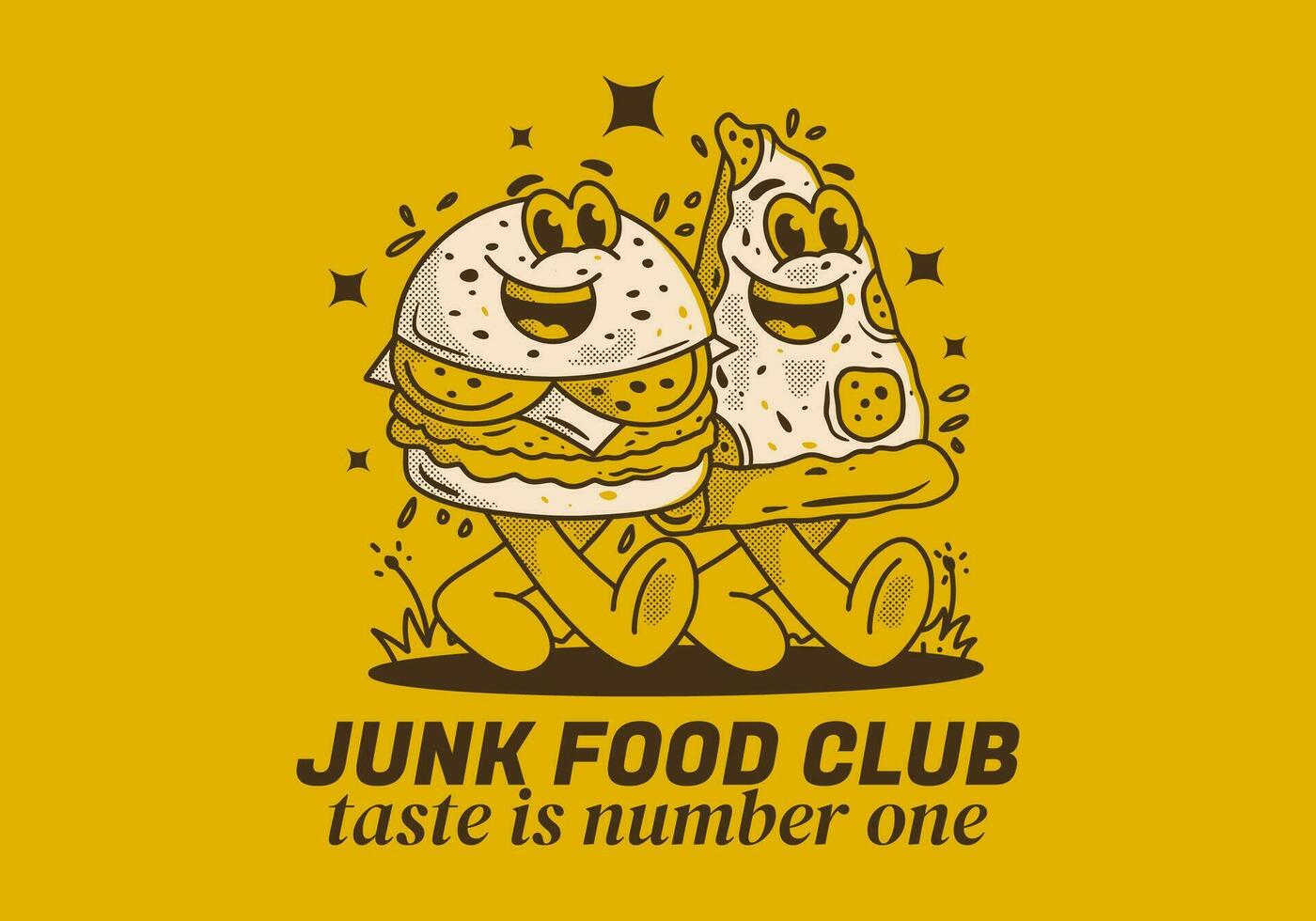 Junk Food club, taste is number one. Character illustration of walking burger and pizza vector