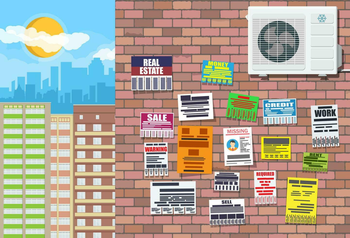 Various tear off papers ad on on brick wall. Advertisement and announcement in big city. Cityscape. Sell, rent, missing human, credit, work, money. Vector illustration in flat style