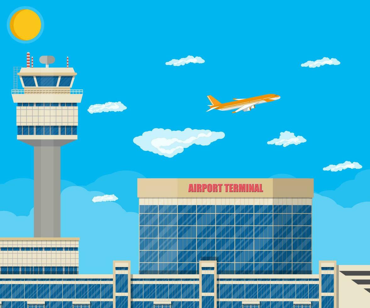 Aircraft above the ground. Airport control tower, terminal building and parking area. Sky with clouds and sun. Vector illustration in flat style