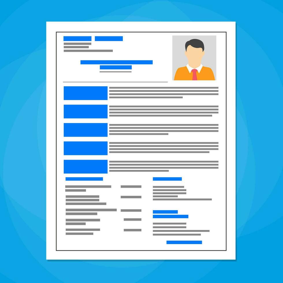 Human resources management concept, searching professional staff, analyzing resume papers, work. vector illustration in flat design on blue background