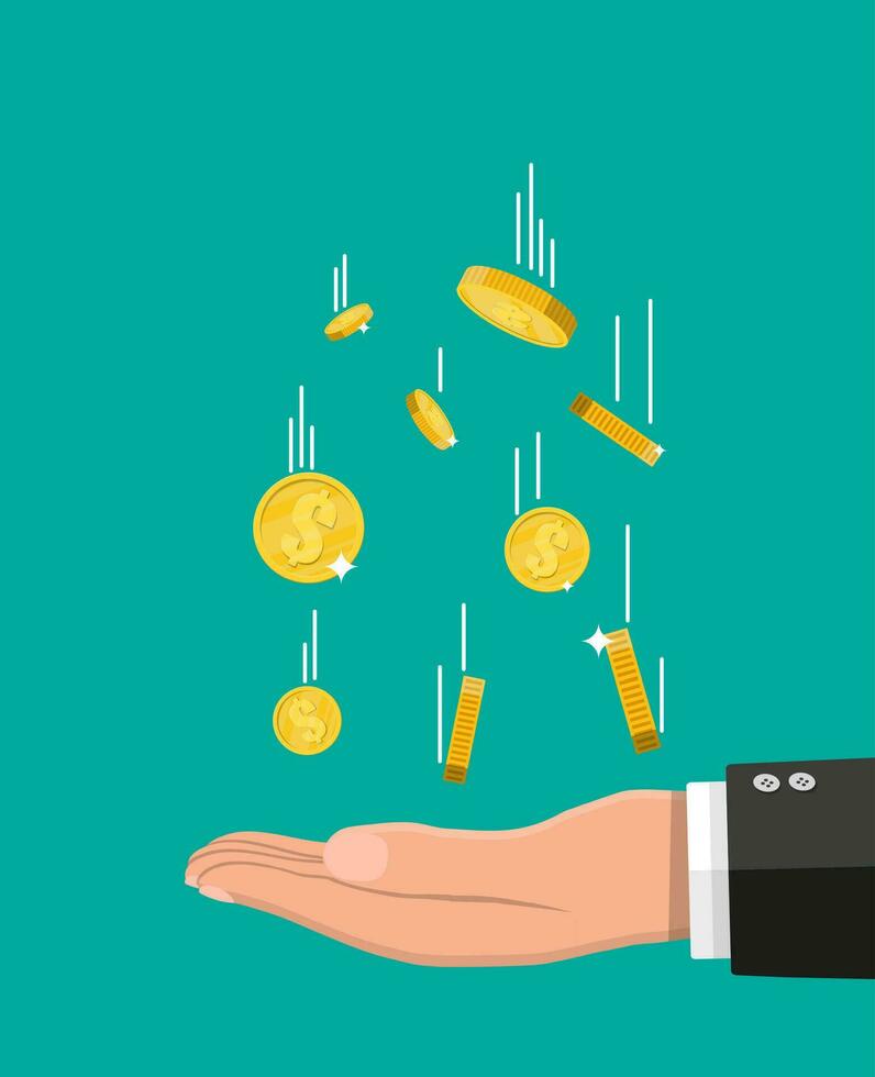 Falling gold coins and hand. Money rain. Golden coins with dollar sign. Growth, income, savings, investment. Symbol of wealth. Business success. Flat style vector illustration.