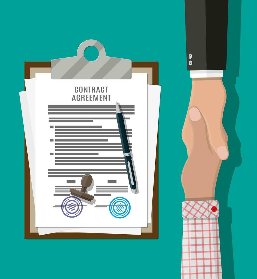 Contract agreement paper blank with seal, pen and handshake. Businessmen shake hands after successful deal. Vector illustration in flat style