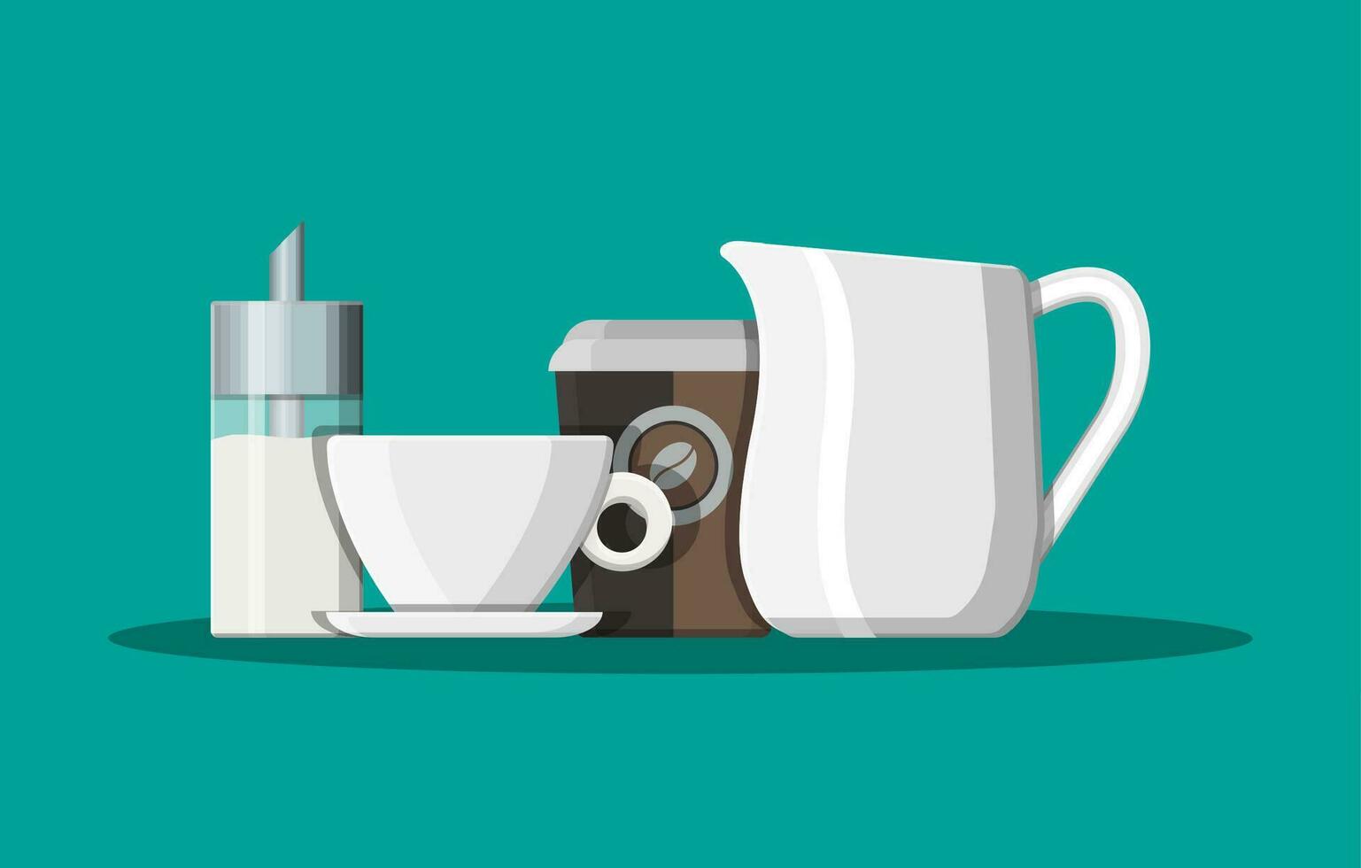 Coffee on saucer, milk jug, sugar dispenser and paper coffee cup. Vector illustration in flat style