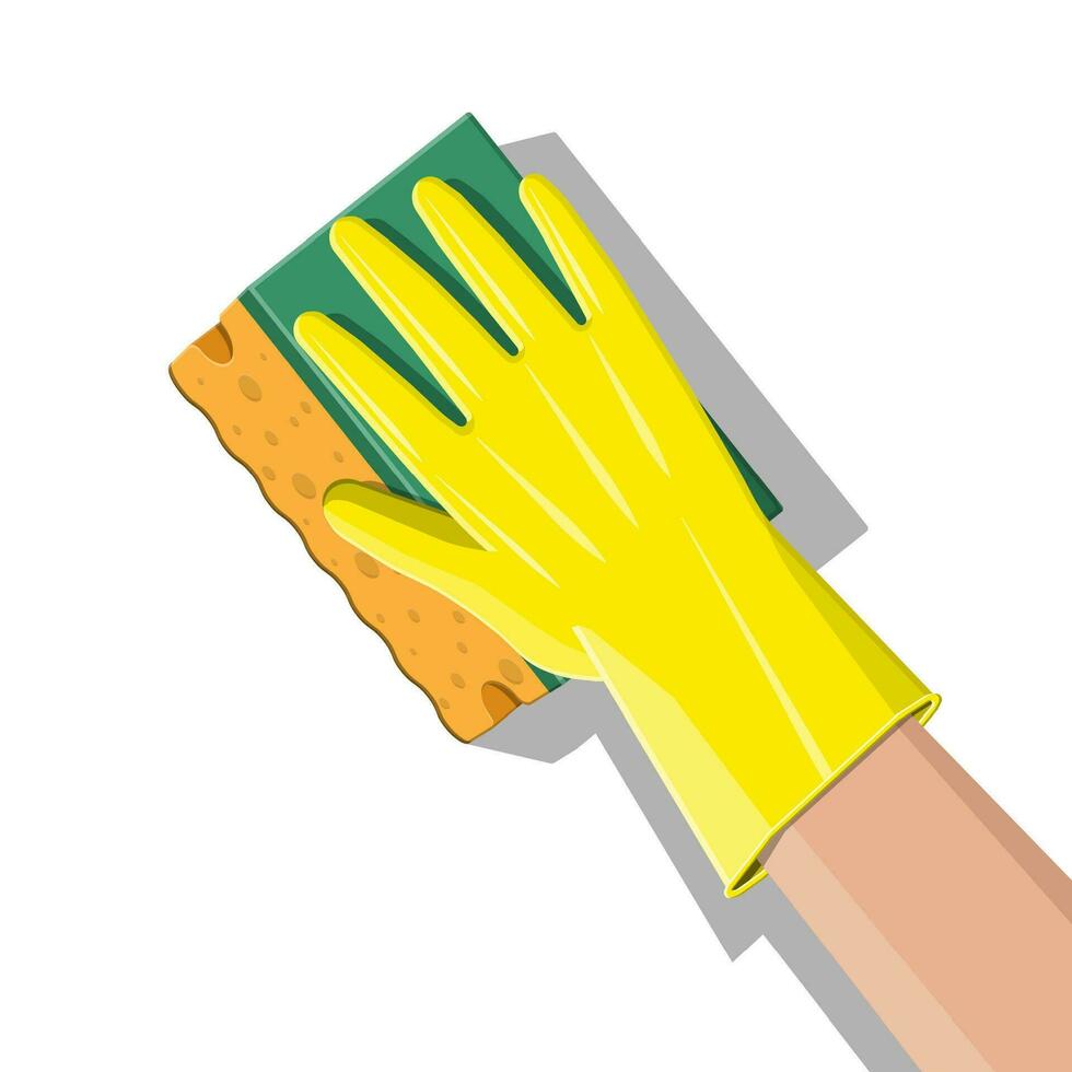 Hand in gloves with sponge wash wall in bathroom or kitchen. Cleaning service. Washing sponge. Kitchenware scouring pads. Kitchen and bath cleaning tool accestories. Vector illustration in flat style